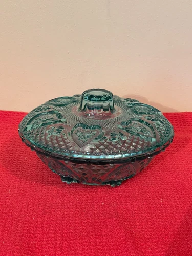 Vintage  Depression Aqua Candy Dish - Hearts And Flowers