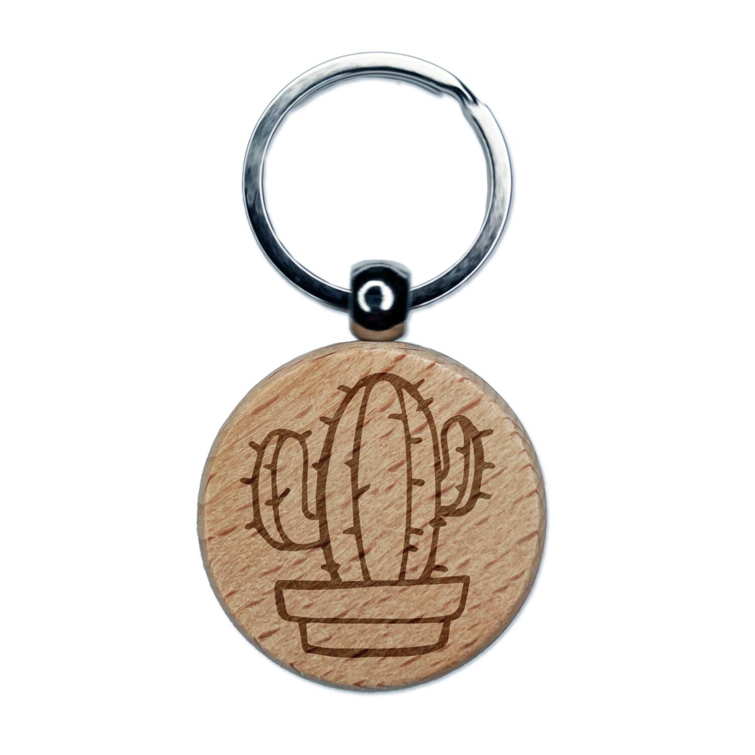 Hand Drawn Cactus Doodle Engraved Wooden Keychain Charm  