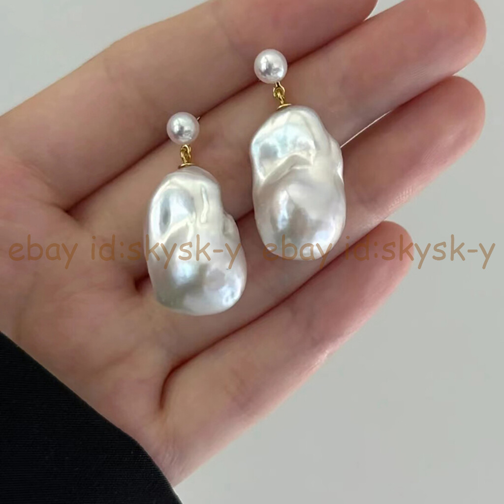15-25mm Natural White Freshwater Baroque Pearl Dangle Earrings - Gold Stud, Screw Back 12 thumbnail image