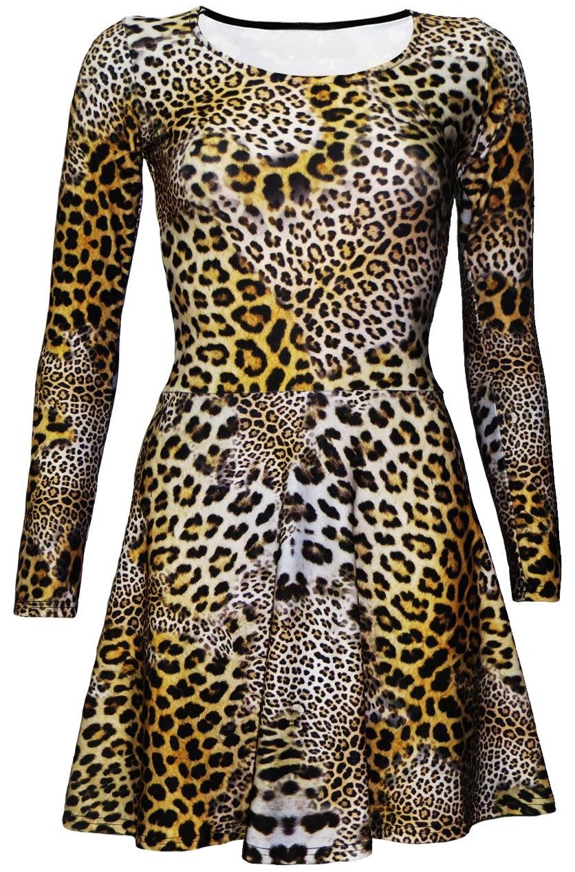 Clásico Original Leopardo Guepardo Estampado Manga Larga Skater Swing Vestido