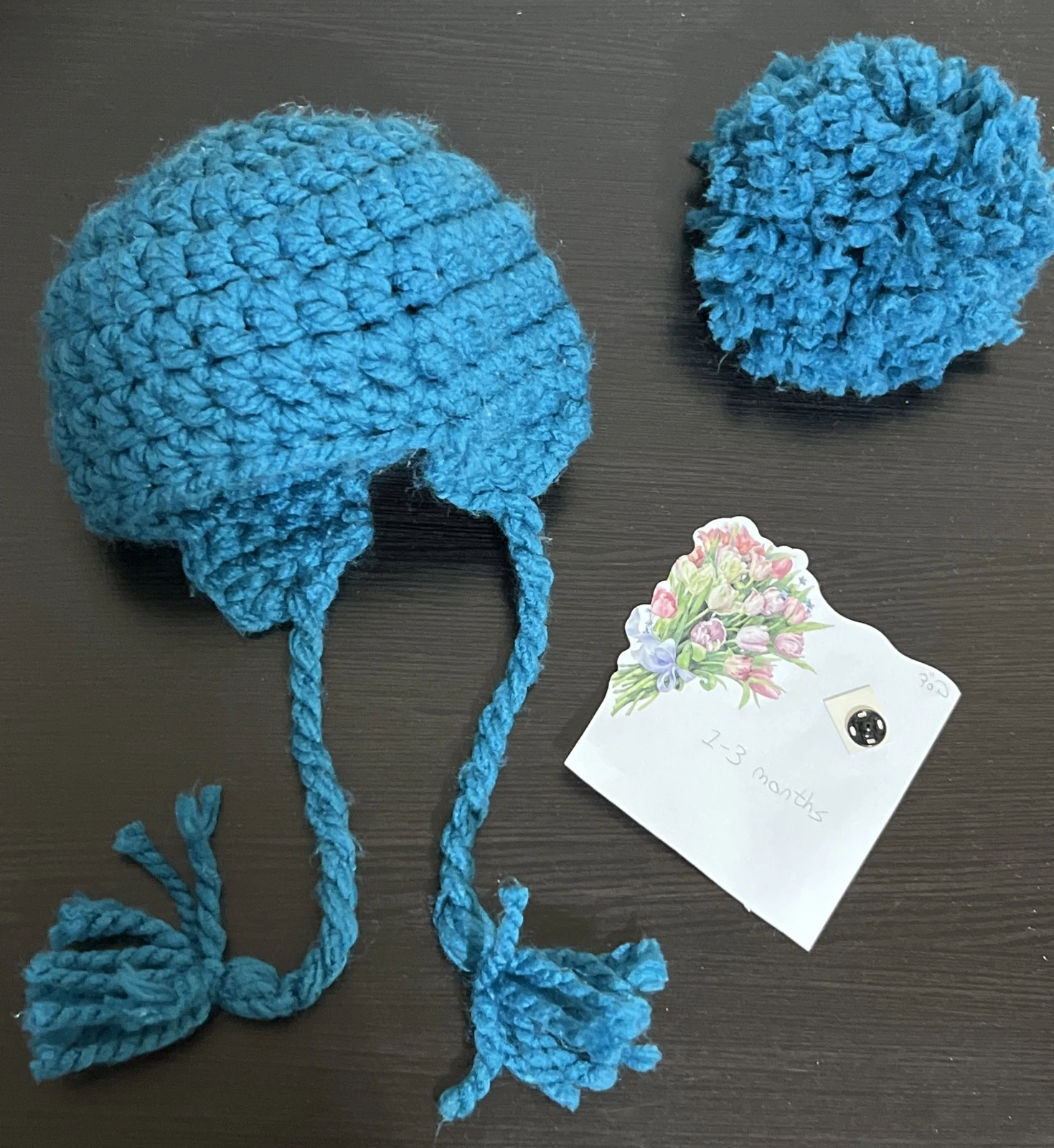 Infant Boy Hat Crochet Acrylic Yarn Handmade Blue With Pompon Ear 1-3 Months