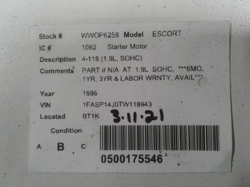 Used Starter Motor fits: 1996 Ford Escort 4-116 1.9L SOHC Grade B - Image 3 of 4