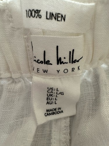 NICOLE MILLER Womens White Linen Pull On Pants ~ Size L ~ Elastic Waist - Picture 13 of 13