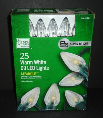 NEW Home Accents Holiday 25 Warm White C9 LED Lights, Super Bright (1 Box)