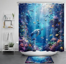 Underwater World Tropical Fish Sea Turtle Shower Curtain Set for Bathroom Decor