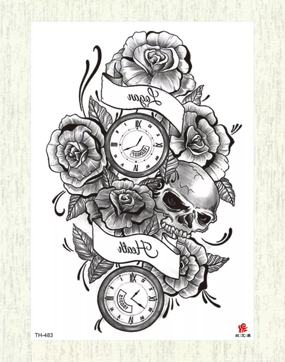 tattoos fake black skull rose clock large 8.25" temporary arm tattoo