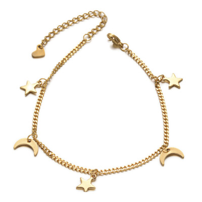 Stainless Steel Moon Star Charm Bracelet Lobster Extender Heart Gold 7.8'' P287
