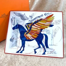 Hermes Paris Change Tray Pegasus Porcelain Vide Poche Ashtray Red Rim w/Case