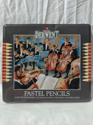 24 Rexel DERWENT farbige Pastellstifte mit Holzgehäuse in original Blechdose
