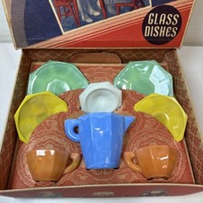 Vintage Akro Agate Co Play Time Glass Dish Set Blue,Green,Orange,Yellow No. 132
