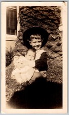 Vtg B&W Snapshot Boy With Baby Sibling Outdoors 1960