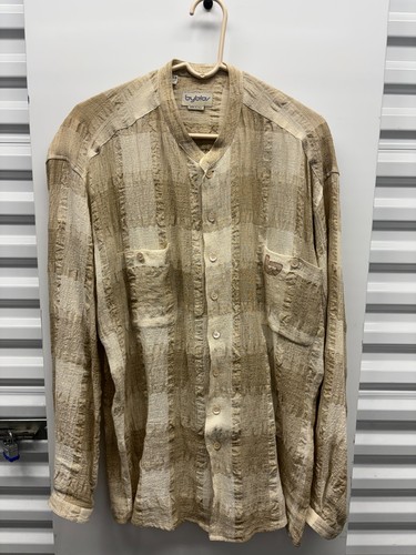 Byblos, Vintage Byblos Made in Italy Linen Viscose Beige Textured Button Shirt IT 48