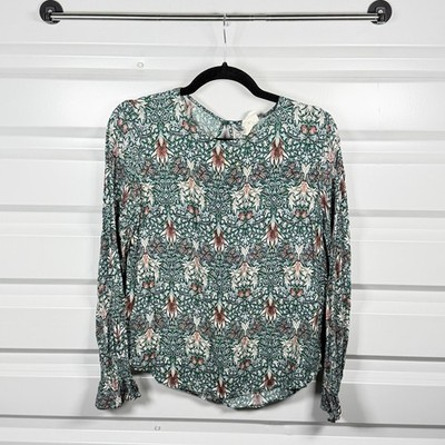 Morris & Co x H&M Blouse Womens 6 Green Floral William Morris Print Smocked Cuff