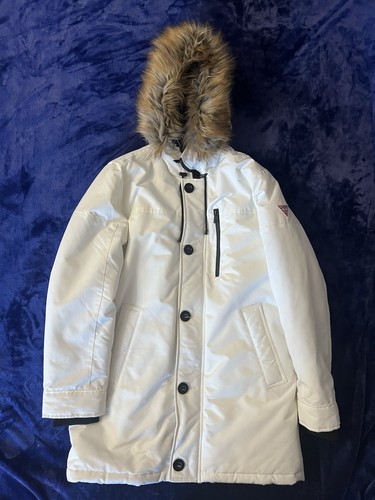 Guess Men’s Heavy Winter Parka Jacket Ivory/White Faux Fur (Brand New) Size: M - Picture 1 of 4