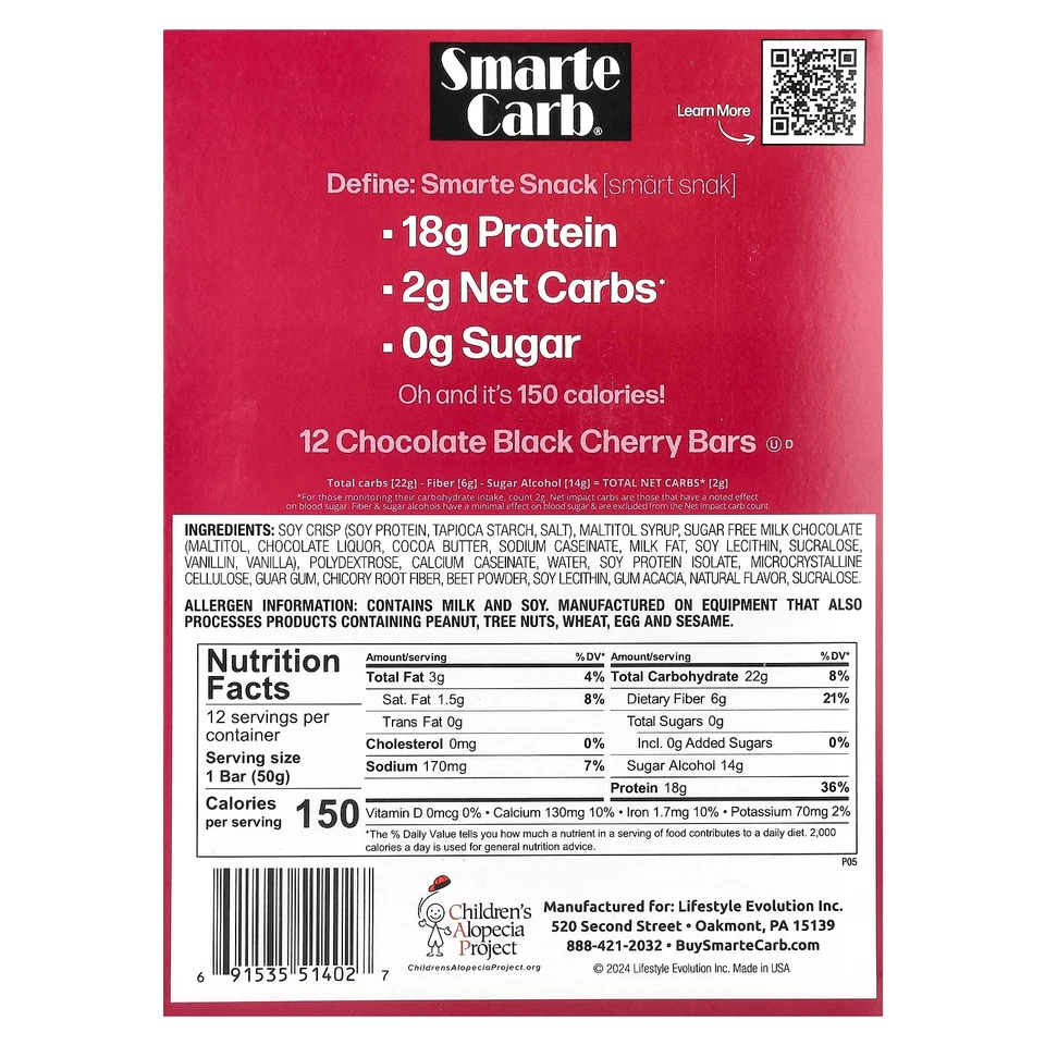 Smarte Carb® Protein Bar, Chocolate Black Cherry, 12 Bars, 1.76 oz (50 g) Each - Image 2 of 4