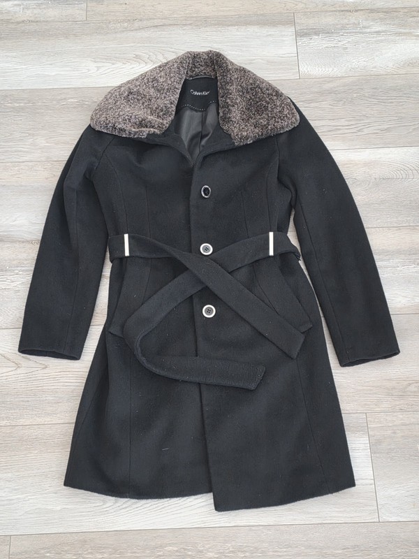 Calvin Klein Women's Black Wool Mid-Length Belted Coat Faux Fur Collar XS