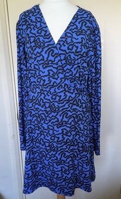 Matalan Papaya Blue and Black Wrap Bodice Long Sleeve Jersey Dress Size UK 14