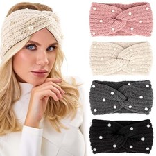 4Pcs Ear Warmers Winter Headbands for Women with Pearls, Knit Winter Headbands