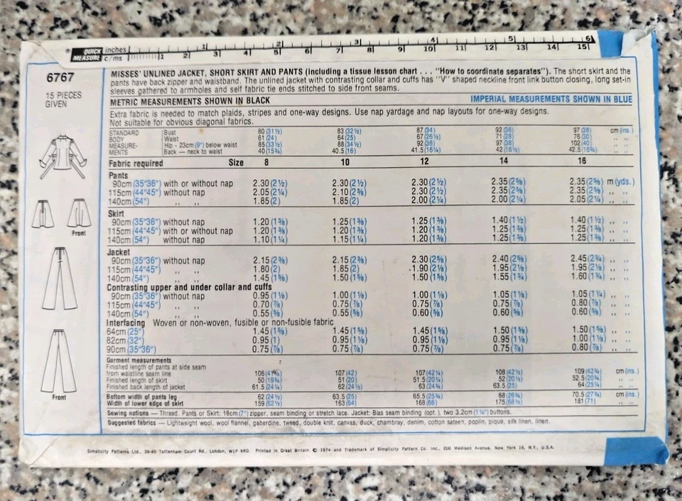 Vintage 1970s Simplicity 6767 Jacket Skirt Trousers Sewing Pattern B34" W26.5" - Image 3 of 3