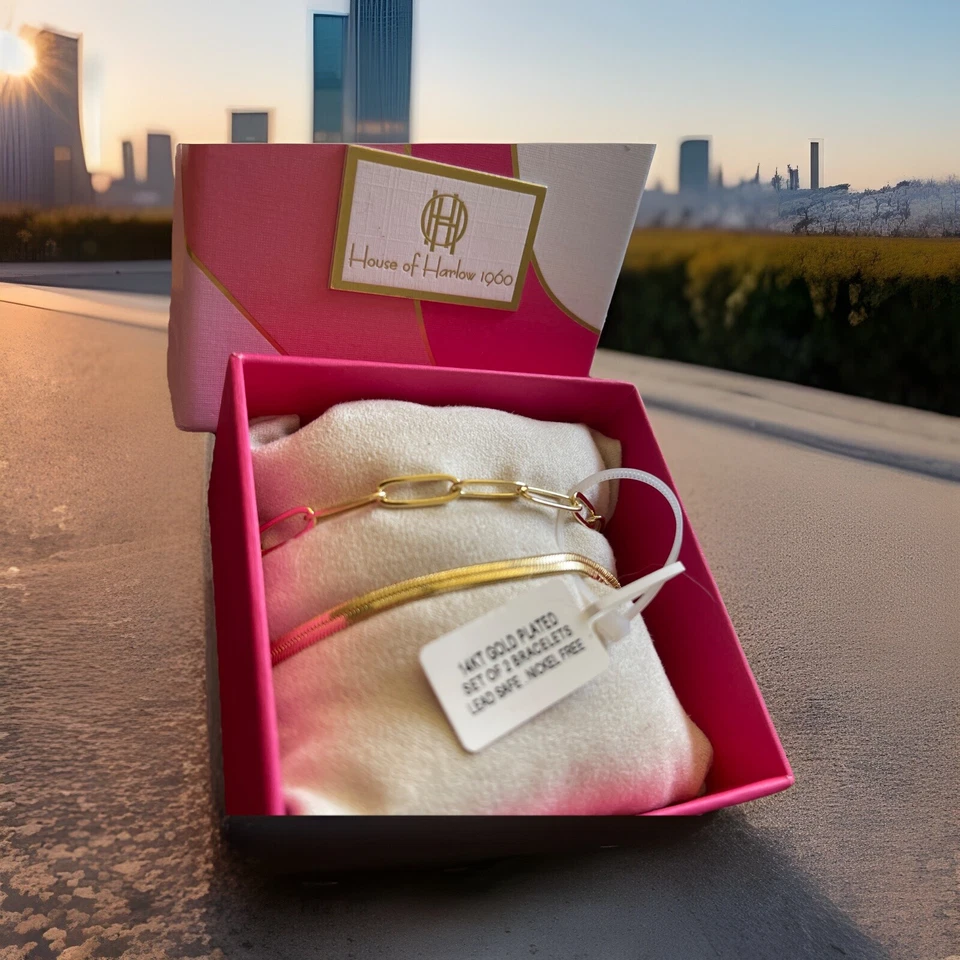 Nuevo Juego de 2 Pulseras House Of Harlow Chapadas en Oro 14K Seguro con Plomo Sin Níquel Foto 2 de 3