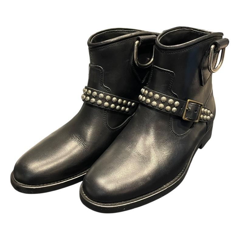 Stivali corti SAINT LAURENT in pelle nera con borchie ad anello e cintura taglia 37 US 7