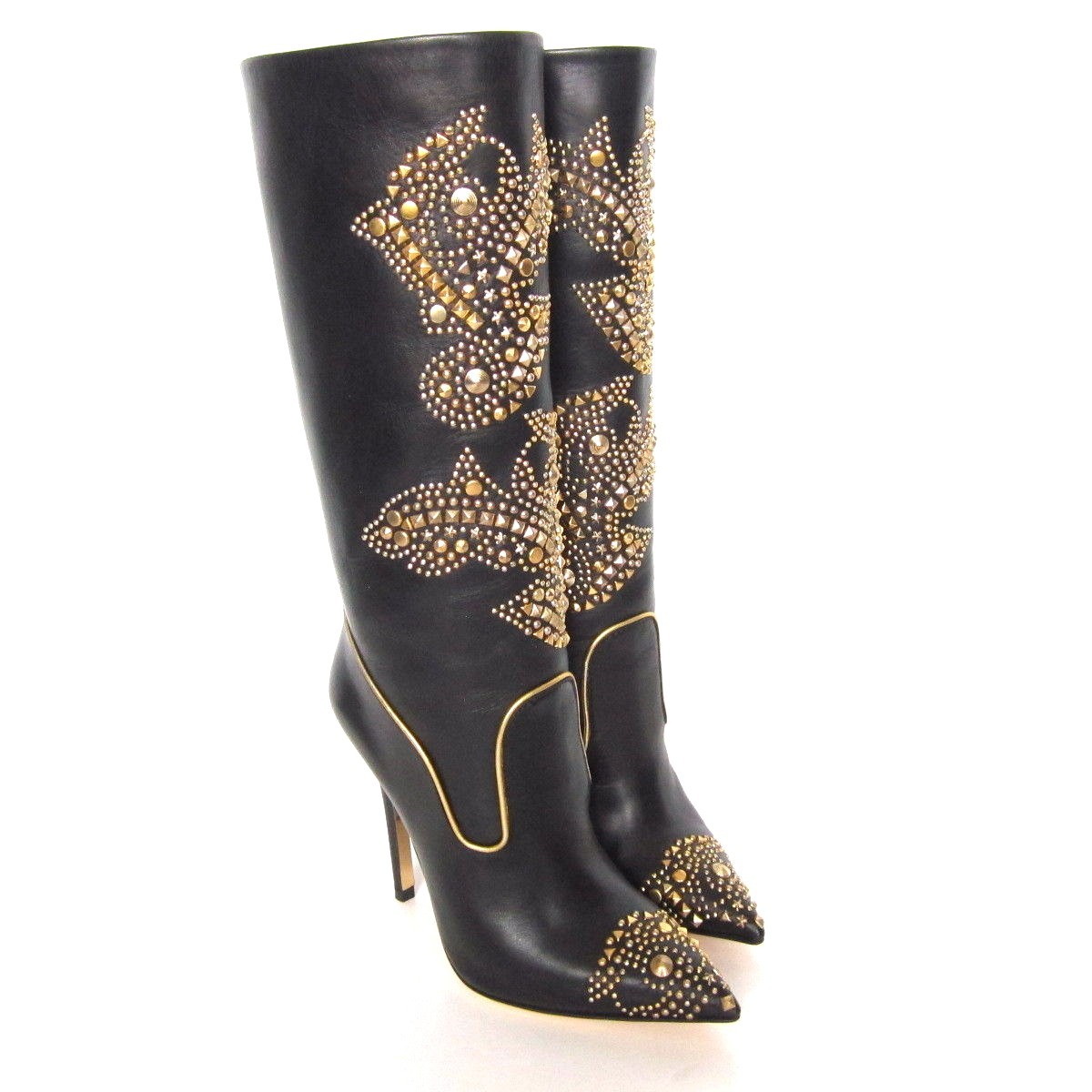 W-1410300 New Versace Donna Black Leather Gold Embellished Boot Size 35.5 US-5.5 W-1410300 New Versace Donna Black Leather Gold Embellished Boot Size 35.5 US-5.5