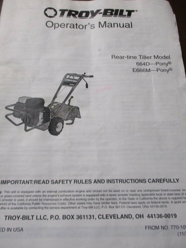 Troy-Bilt 664D, E666M Pony Rear-Tine Tillers Owner's Manual, Engine Manual 2002