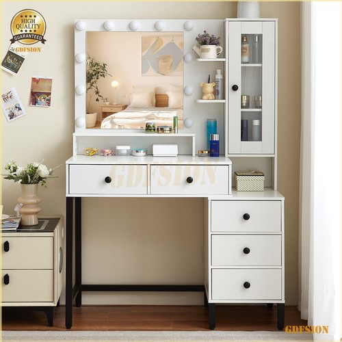 White Makeup Vanity Table Set With 11 LED Lights Mirror And Cabinet 5 Drawers