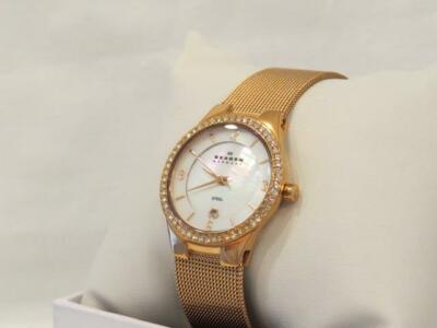 Skagen Steel Round MOP Rose Gold Watch Crystal Bezel Date Bracelet