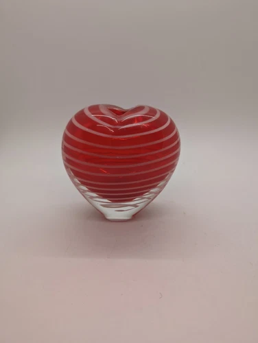Vintage Glass Heart Bud Vase Paperweight Hand Blown Red White Swirl Murano Style
