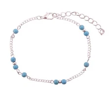 Faux Turquoise Beaded Silvertone Curb Link Ankle Bracelet Anklet 8" - 10" NWOT