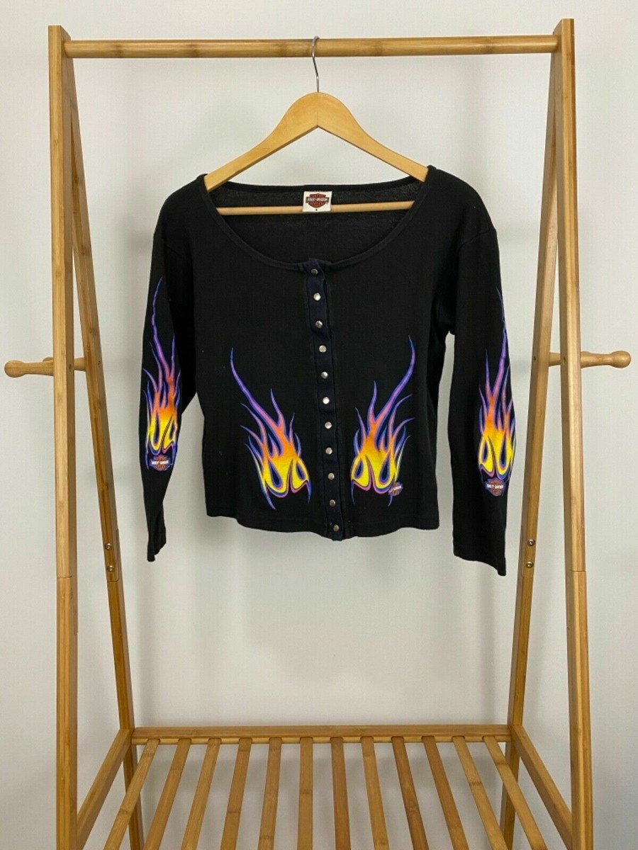 VTG Harley-Davidson Fire Flame Spectrum Snap Cropped Sweater