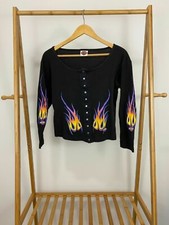 VTG Harley-Davidson Fire Flame Spectrum Snap Cropped Sweater Cardigan Size M