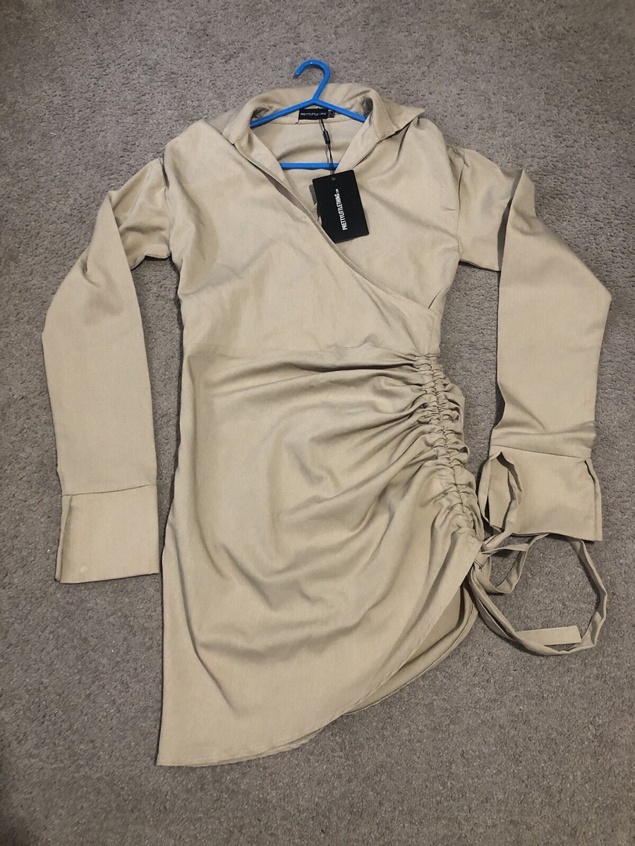 Prettylittlething Stone Woven Wrap Ruched Skirt Bodycon Dress