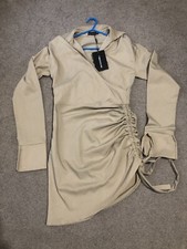 Prettylittlething Stone Woven Wrap Ruched Skirt Bodycon Dress Woman’s Size 8