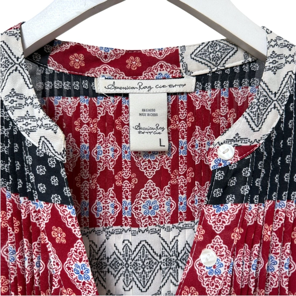 AMERICAN RAG Tunic Blouse Large Boho Red Blue Print Womens Top - Image 4 of 4