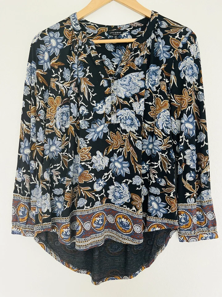 LUCKY BRAND Floral Jersey Knit Blouse Sz PS Hi-Low V-Neck Button Boho Western - Image 2 of 4