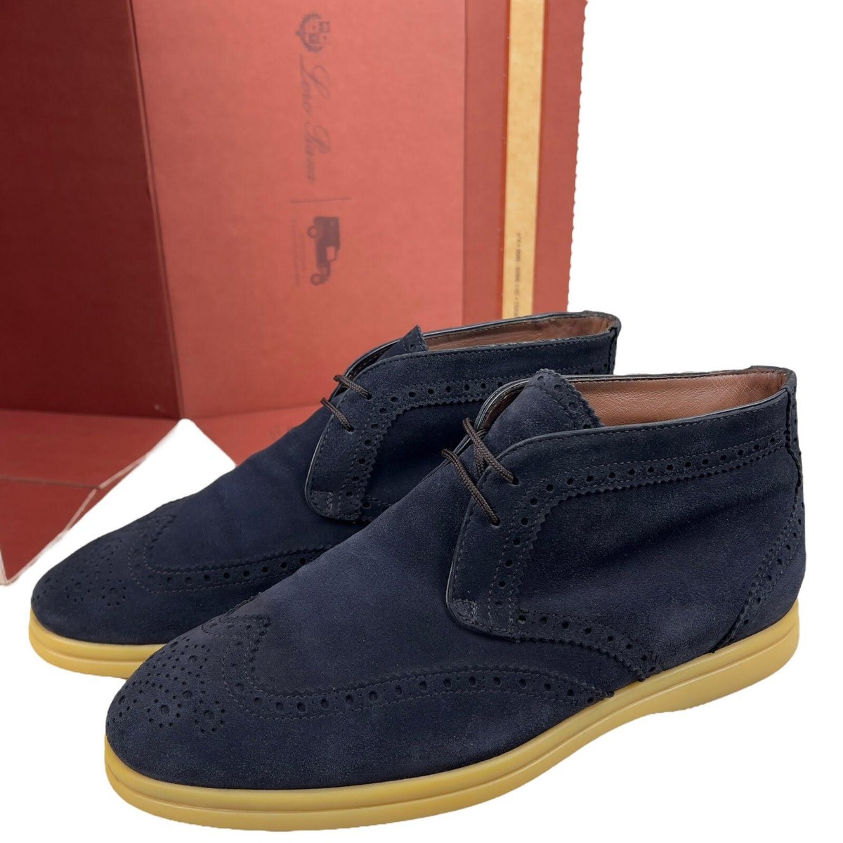 Loro Piana Open Walk desert lace up boots wing tip navy blue suede 7 US 40 EUR