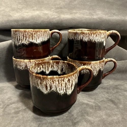 Vintage Pottery Brown Drip Glaze 5 Coffee Mugs Cups -Nesting
