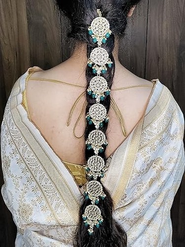 Gold Plated Handcrafted Kundan Bridal Wedding Hair Braid Choti Jewelry Set Newe - Picture 17 of 24