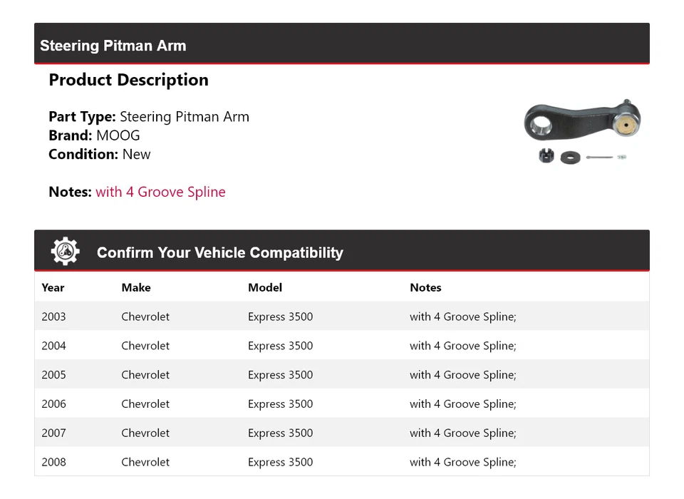 Brazo Pitman de dirección para Chevrolet Express 3500 2003-2008 MOOG 2003 2004 2005 Foto 2 de 4