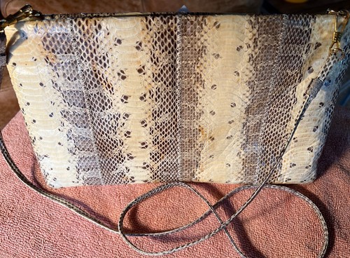 Beige/Brown/Gold PYTHON Snakeskin Clutch Bag Crossbody Purse Perfect Condition - Picture 3 of 15
