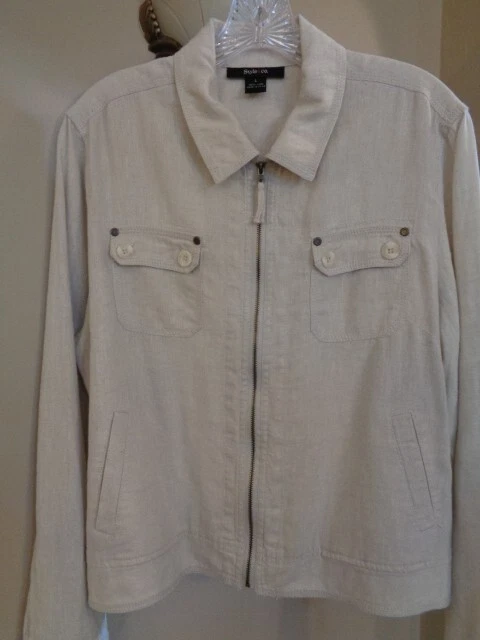 Style & Co 100% Linen Zip Front Classic Jean Style Jacket, Flax Tan Size L, NWT! - Image 2 of 4