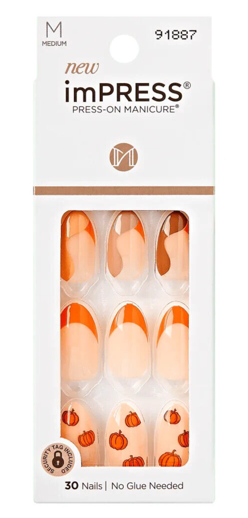 KISS IMPRESS PRESS ON NAILS ONE STEP MANICURE NEW PUMPKIN KISSES MEDIUM LENGTH