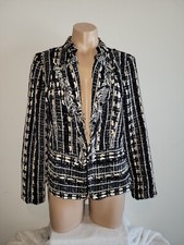 Chicos 1 M 8-10 Black Cream Knit Fringe Hook Eye Front Long Sleeve Blazer Jacket