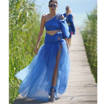 NWT Raisa Vanessa blue organza maxi skirt with high slit