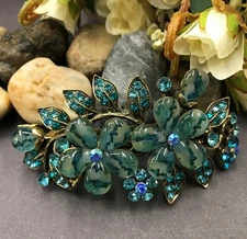 Antique Tone Flower Rhinestone Blue Color Hair Clip Barrette HA9028 dec
