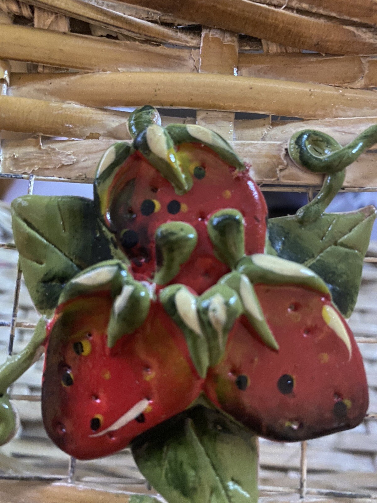 Rectangular Wicker Basket with Ceramic Painted Strawberries - 13 x 6.5 inches