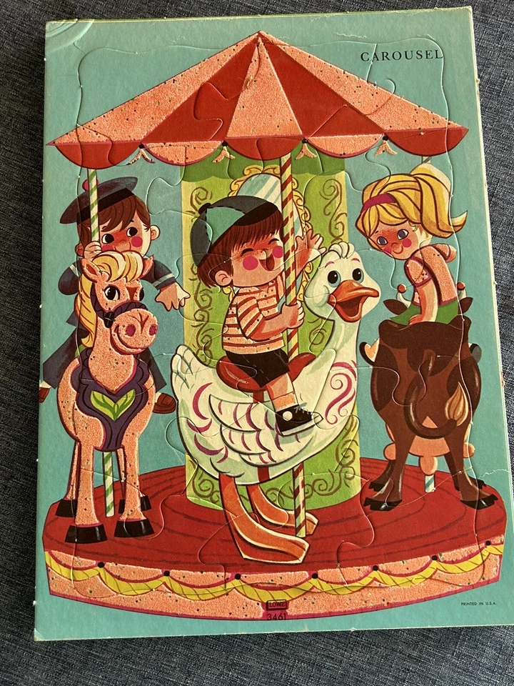 4 rompecabezas vintage de cartón flocado para niños perro, panda, tigre y carrusel Foto 3 de 4