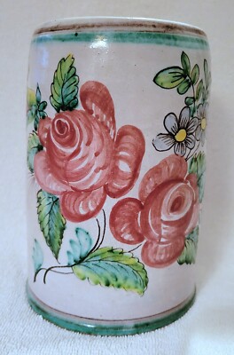 Terracotta Mug Stein Floral Pink Roses Hand Painted Flower
